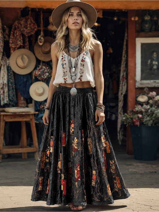 Vintage Dresses & Skirts - Dark Academia Black Velvet Burnout Patchwork Maxi Skirt Boho Whimsigoth Artsy, S